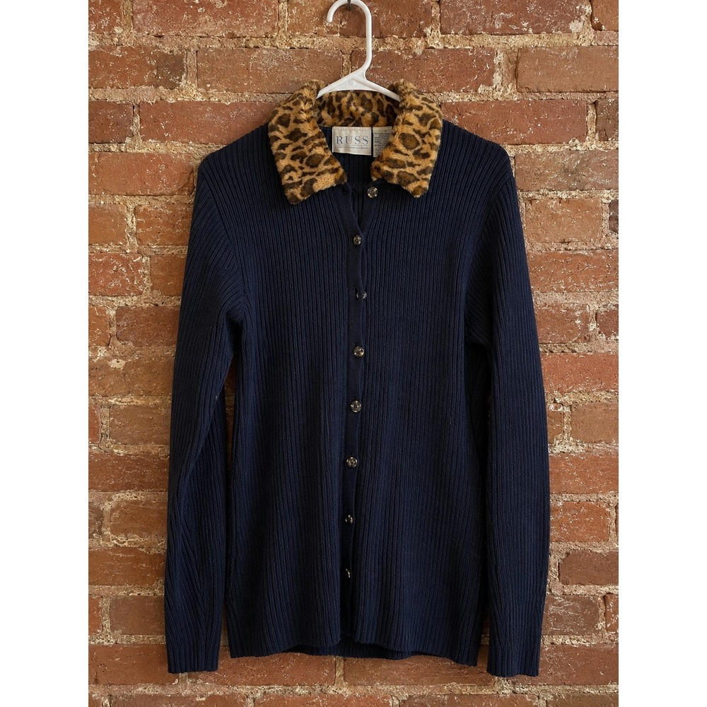 Vintage Leopard Black Button Down Cardigan Sweater Boho Mob Wife Old Money‎ M